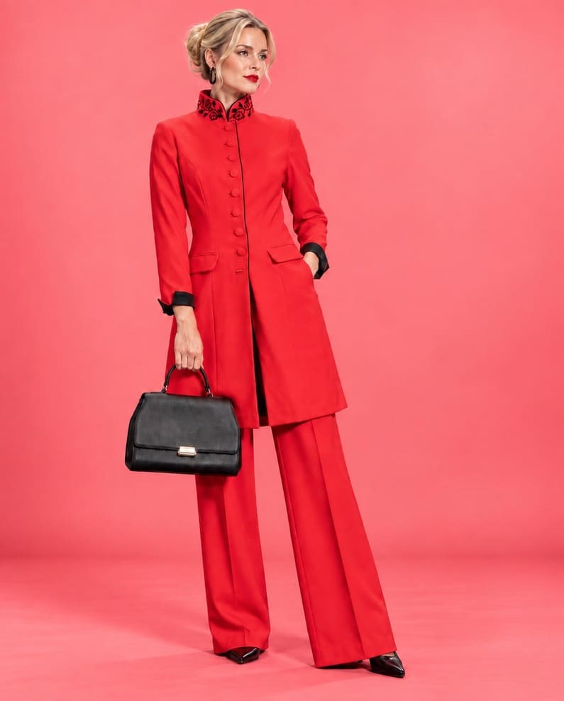 Rotes Mantelkleid mit handbesticktem Stehkragen und schwarzen Ärmelaufschlägen, dazu eine weite rote Hose